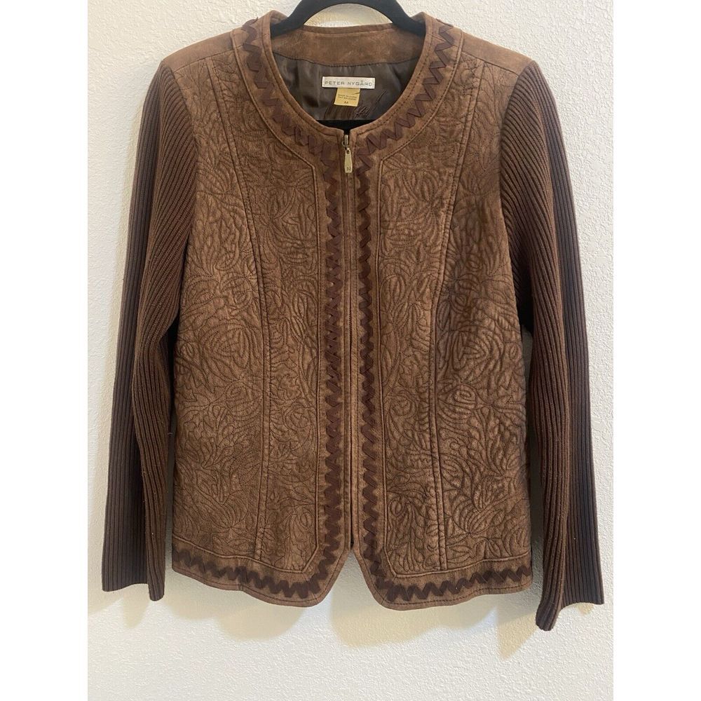 Vntg Peter Nygard Women's Sweater Jacket‎ M Quilted Zip Suede Leather Western